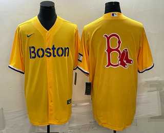 Men%27s Boston Red Sox Big Logo Gold 2021 City Connect Stitched MLB Cool Base Nike Jersey